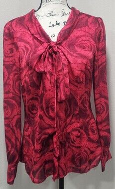 White House Black Market Rose Polka Dot Print Red Bow Tie Neck Blouse Size 6